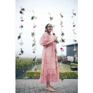 Pink Balloon Sleeve Midi Lounge Dress