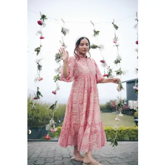 Pink Balloon Sleeve Midi Lounge Dress-M