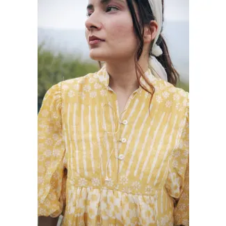 Yellow Balloon Sleeve Midi Lounge Dress-M